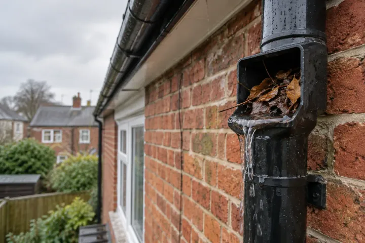 A gutter technician opening an access point on a black household rainwater downpipe