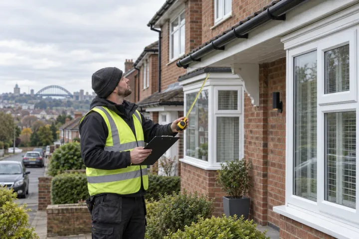 A gutter technician assessing a two-storey UK home from ground level while preparing a quotation