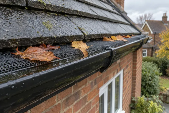 Leaves and debris collected around a black gutter on a UK home