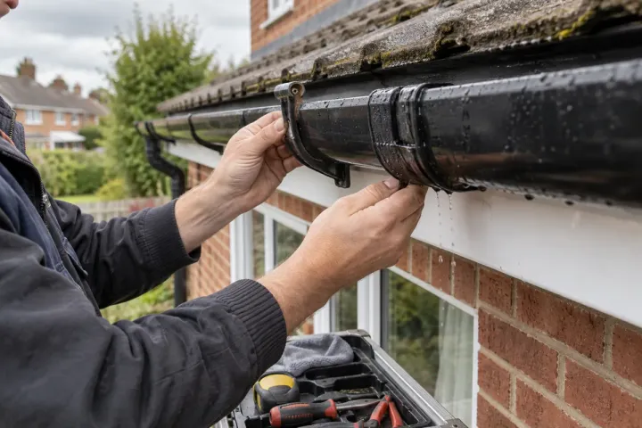 A tradesperson inspecting a black gutter joint and bracket on a British red-brick house