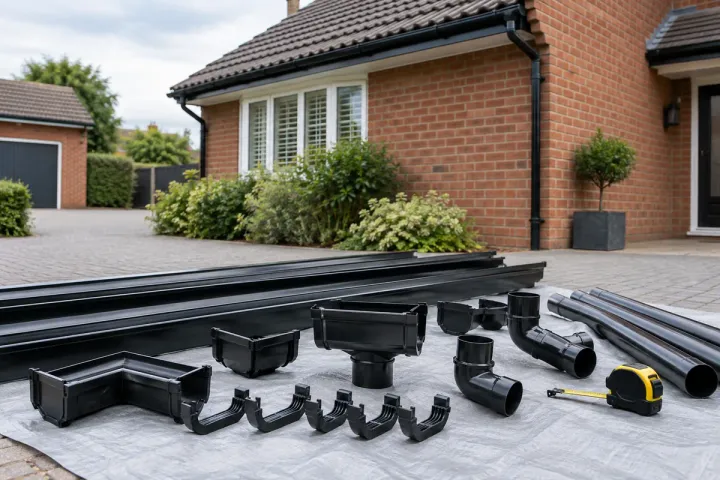 A gutter technician reviewing black uPVC replacement parts arranged safely at ground level