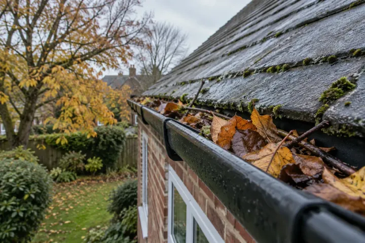Leaves collected in a black gutter on a UK home before seasonal gutter cleaning