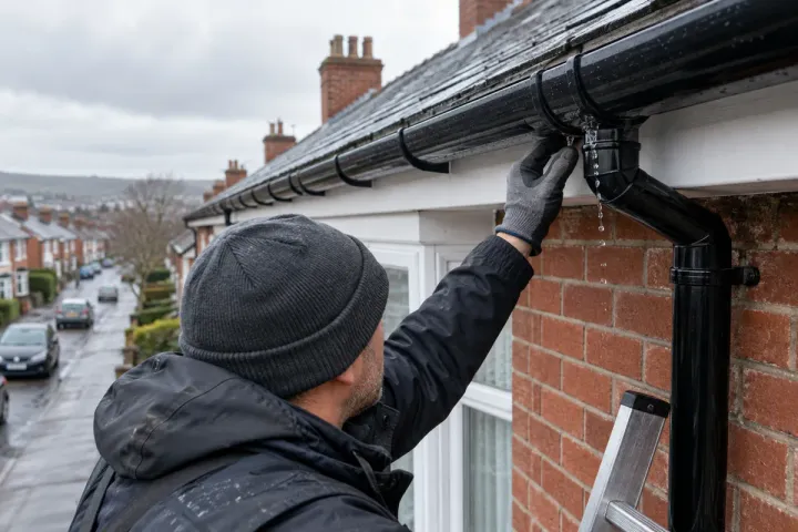 Rainwater leaking from a black uPVC gutter union on a red-brick house