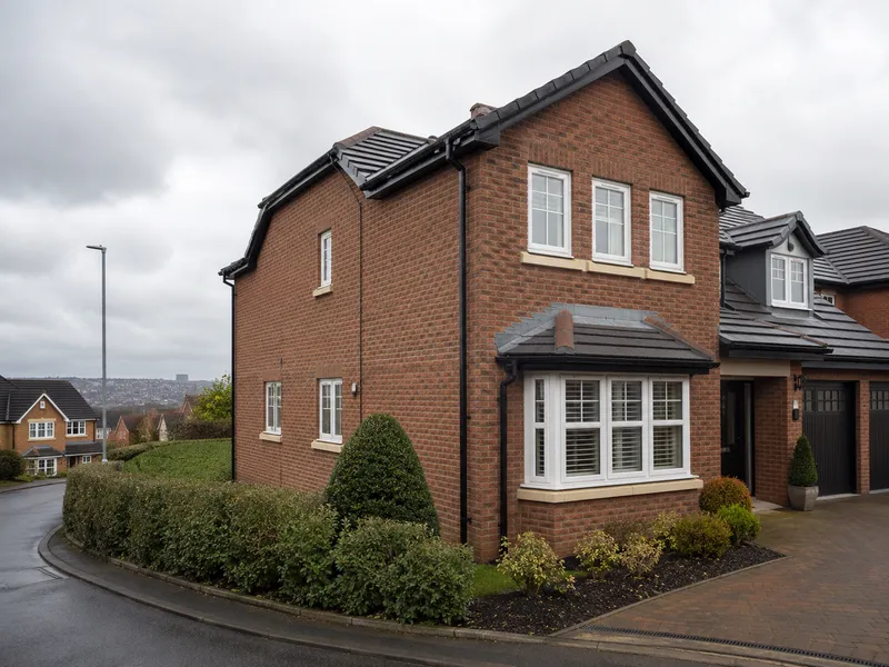 House with fitted guttering and downpipes