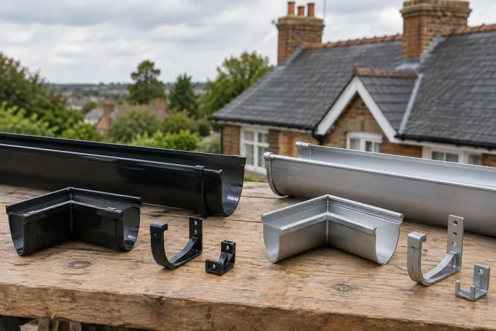 Black guttering and downpipe components prepared for a UK home replacement project